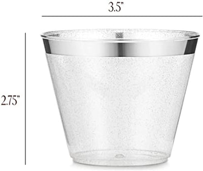 100 Pack Silver Rimmed Plastic Cups, 9 oz Disposable Plastic Glasses, Silver Glitter with a Silver Rim, Elegant Party Cups for Champagne, Wine, Cold Drinks, Tea, Punch, Juice, Soda