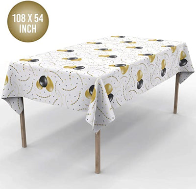 Party Tablecloth Black and Gold Balloons - Durable PEVA Plastic Table Cover Set - Pack of 4 - Disposable Décor for Birthdays, Graduation, Thanksgiving and Anniversary 108x54 Inch Rectangle