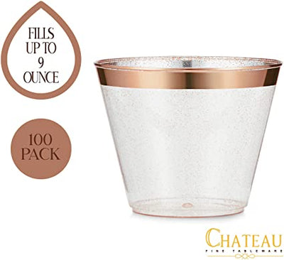 100 Rose Gold Cups 9oz - Rose Gold Glitter with a Rose Gold Rim - Premium Disposable Party Cups - Elegant and Classy Sturdy Cups for Weddings Birthdays Anniversaries and Other Social Events