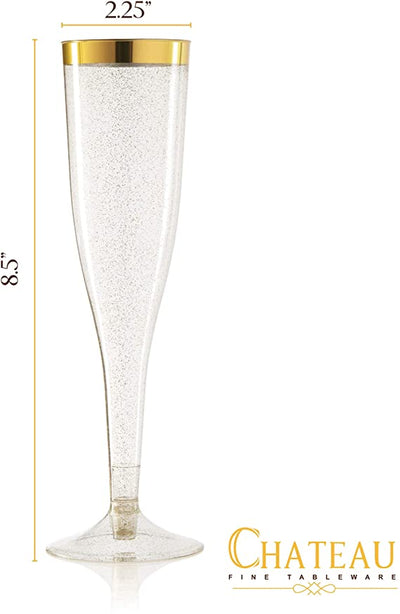 Plastic Champagne Flutes Disposable - Gold Glitter with a Gold Rim - [1 Box of 36] 6.5 Oz Premium Toasting Flutes, Elegant Stylish Mimosa Glasses Perfect for Weddings Anniversaries and Catered Events