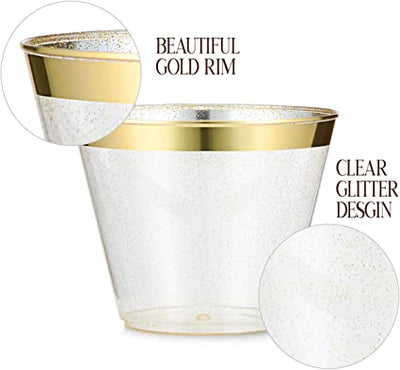 100 Pack 9oz Plastic Cups Gold Glitter with a Gold Rim - Premium Disposable Party Cups - Elegant and Classy Sturdy Cups - Weddings Birthdays Anniversaries and Other Social Events