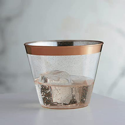 100 Rose Gold Cups 9oz - Rose Gold Glitter with a Rose Gold Rim - Premium Disposable Party Cups - Elegant and Classy Sturdy Cups for Weddings Birthdays Anniversaries and Other Social Events