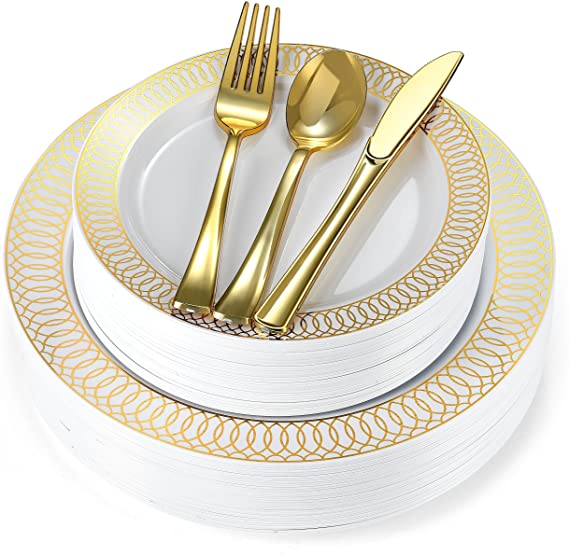 180-Piece White & Gold Plates Dinnerware Set - Large & Small White & Gold Party Plates with Gold Plastic Silverware, Forks, Spoons, Knives for 36 Guests, New Year’s, Holiday, Party, Birthday Wedding