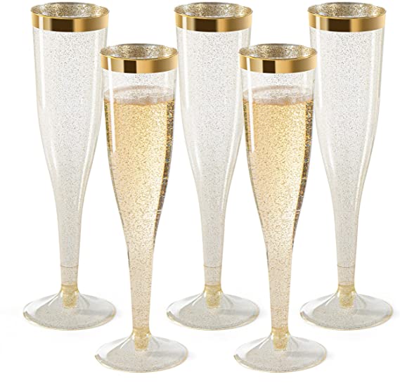 Plastic Champagne Flutes Disposable - Gold Glitter with a Gold Rim - [1 Box of 36] 6.5 Oz Premium Toasting Flutes, Elegant Stylish Mimosa Glasses Perfect for Weddings Anniversaries and Catered Events