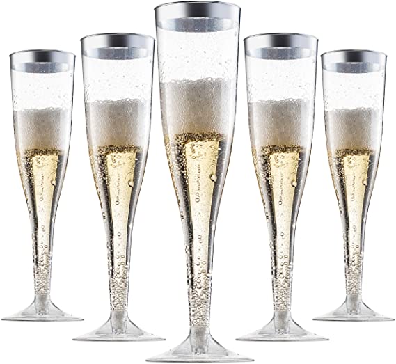 Plastic Champagne Flutes Disposable - Silver Glitter with a Silver Rim - [1 Box of 36 ] 6.5 Oz - Premium Toasting Glass - Elegant Stylish Mimosa Glasses for Weddings Anniversaries and Catered Events