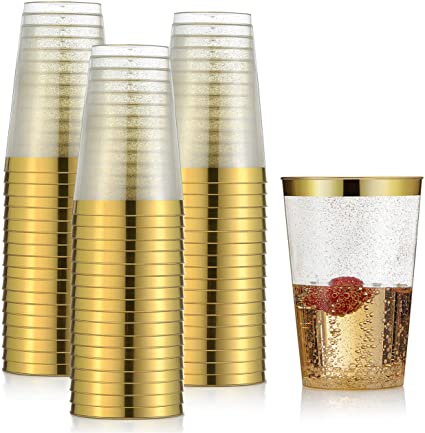 100 Gold Plastic Cups 12 oz Gold Glitter with a Gold Rim - Premium Disposable Party Cups - Elegant and Classy Sturdy Cups - Weddings Birthdays Anniversaries and Other Social Events