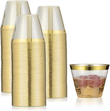 100 Pack 9oz Plastic Cups Gold Glitter with a Gold Rim - Premium Disposable Party Cups - Elegant and Classy Sturdy Cups - Weddings Birthdays Anniversaries and Other Social Events