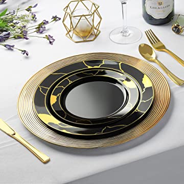 180-Piece Black & Gold Plates Dinnerware Set - Large & Small Black & Gold Party Plates with Plastic Silverware, Forks, Spoons, Knives for 36 Guests New Year’s, Holidays, Parties, Birthdays, Weddings