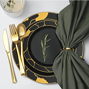 180-Piece Black & Gold Plates Dinnerware Set - Large & Small Black & Gold Party Plates with Plastic Silverware, Forks, Spoons, Knives for 36 Guests New Year’s, Holidays, Parties, Birthdays, Weddings