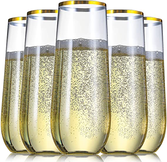 36 Pack Plastic Stemless Champagne Flutes, 9 oz Clear Drinking &amp; Toasting Glass with Elegant Gold Rim, Disposable Drinkware for Wine, Cocktails, Sparkling Water, Mimosas