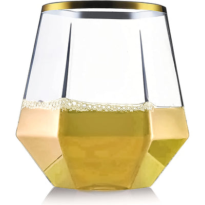 32 Pack Diamond Stemless Plastic Wine Glasses, 12 oz Unique Diamond Shape, Clear Gold Rim Glasses for Wine, Whiskey, Cocktails, Juice, Trendy & Modern Stemware, Food-Grade Disposable Drinkware