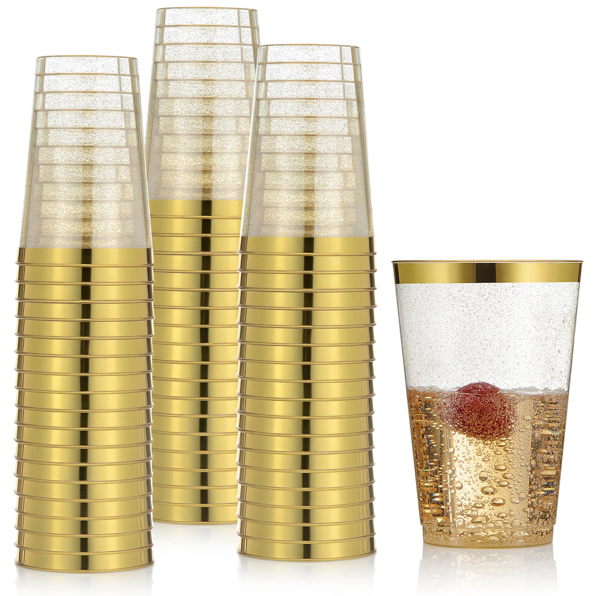 100 Gold Plastic Cups 14 Oz Gold Glitter with a Gold Rim - Premium Disposable Party Cups - Elegant and Classy Sturdy Cups - Weddings Birthdays Anniversaries and Other Social Events