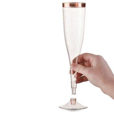 Rose Gold Plastic Champagne Flutes Disposable - Rose Gold Glitter with a Rose Gold Rim - [1 Box of 36 ] 6.5 Oz - Elegant Stylish Mimosa Glasses Perfect for Weddings Bachelorette Party, Catered Events